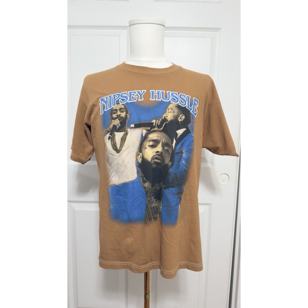 Nipsey Hussle Rap Hip Hop Graphic T-Shirt Brown Portrait Tee Size Large
